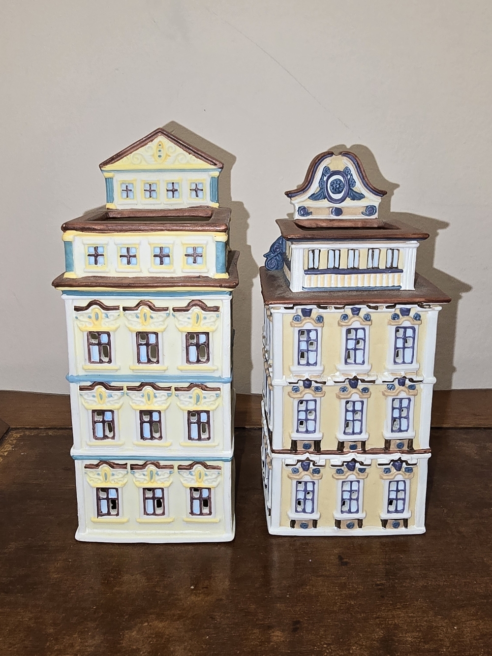 Vintage Ceramic European Canal House Architectural Decor Tea Light Luminary Pair